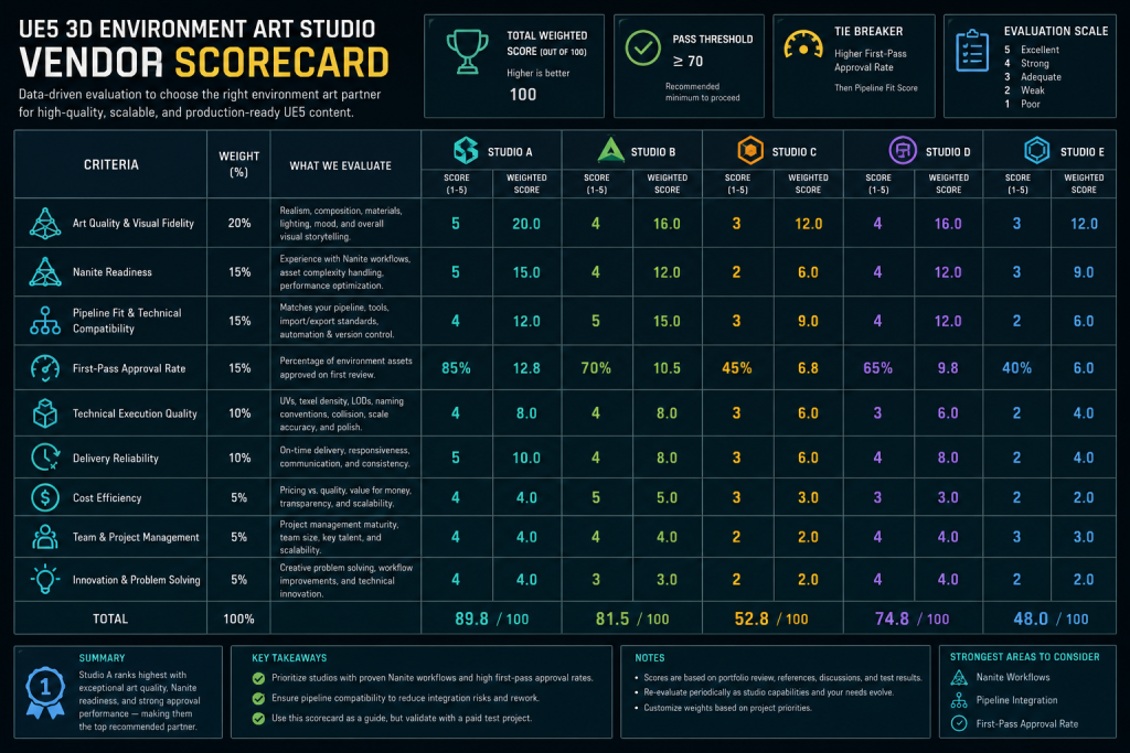 Vendor scorecard grid for hiring a UE5 3D environment art studio — evaluation criteria including Nanite readiness, pipeline fit, and first-pass approval rate