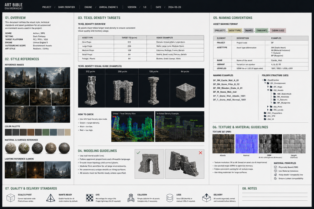 Art bible document showing style references, texel density targets, and naming conventions for outsourced UE5 assets
