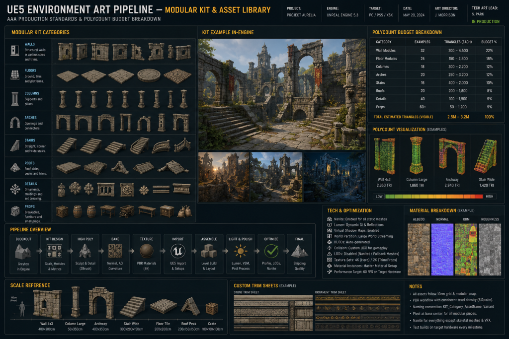 UE5 environment art pipeline — modular kit asset library with polycount budget breakdown for AAA project