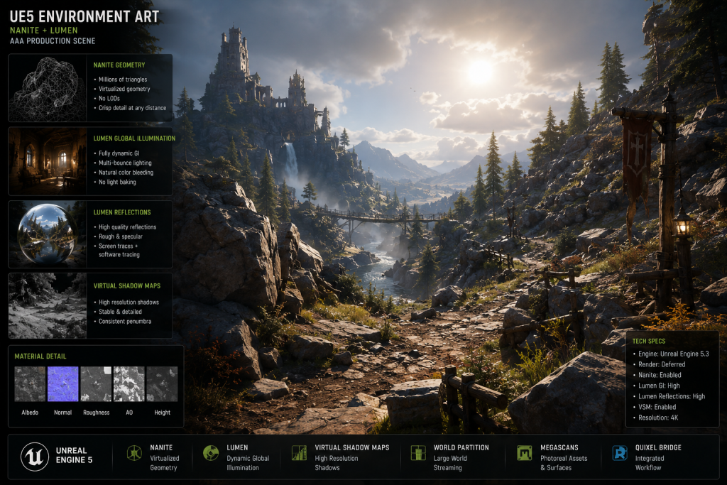 3D environment art UE5 — Nanite-enabled rocky terrain with Lumen dynamic lighting in AAA production scene