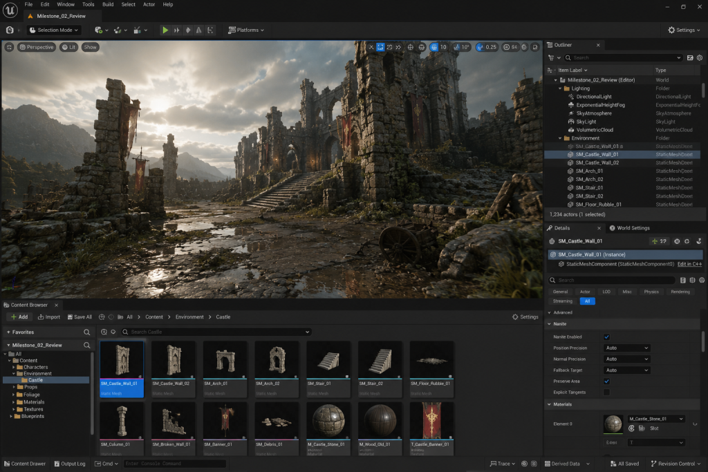 Screenshot of a UE5 scene with Nanite-enabled environment assets and Lumen lighting used in an art outsourcing milestone review