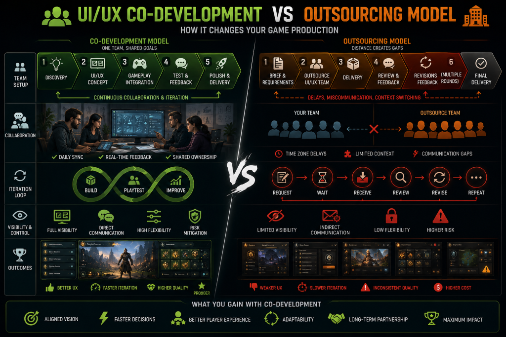 Comparison diagram: UI/UX co-development vs outsourcing model for game production