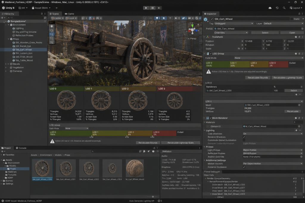 Unity HDRP asset pipeline — classical LOD chain for 3D environment prop with LOD0 through LOD3 levels, draw call optimization setup in Unity 6 editor