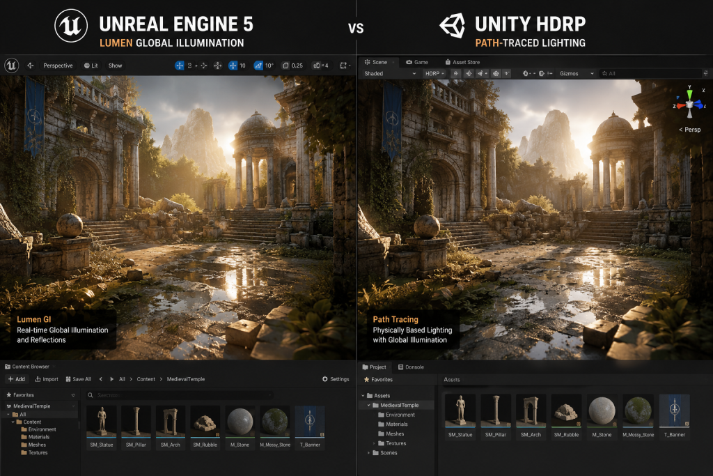 Unity HDRP vs Unreal Engine 5 rendering comparison — side-by-side viewport screenshots showing Lumen global illumination in UE5 and path-traced lighting in Unity HDRP on identical 3D environment scene