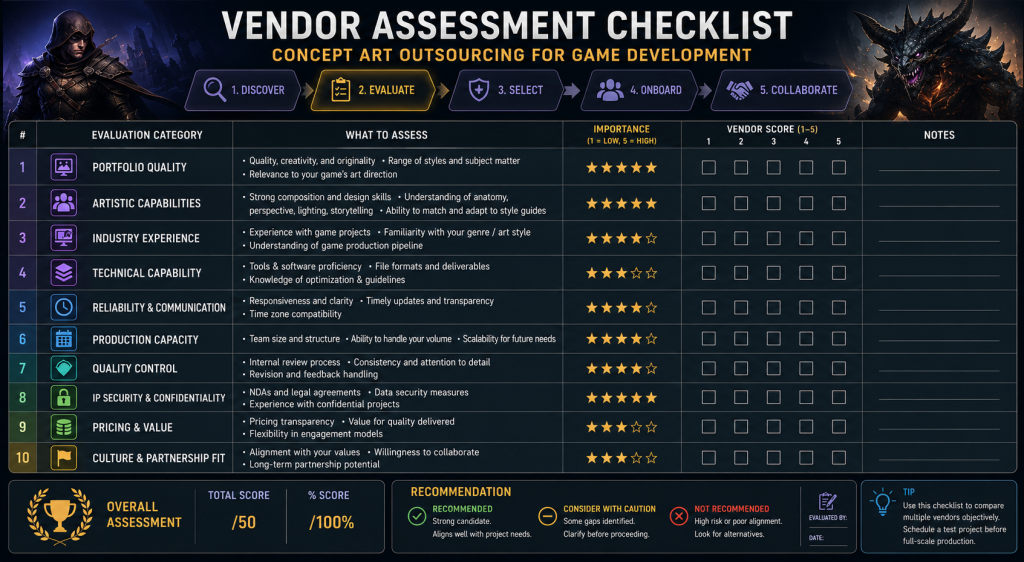 Vendor assessment checklist for concept art outsourcing in game development