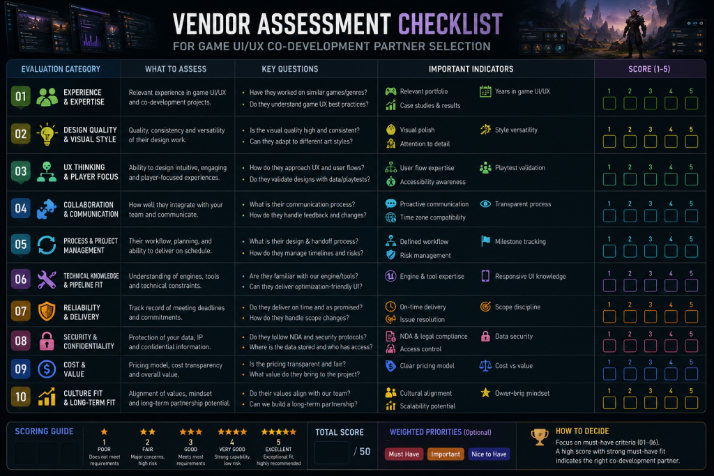 Vendor assessment checklist for game UI UX co-development partner selection