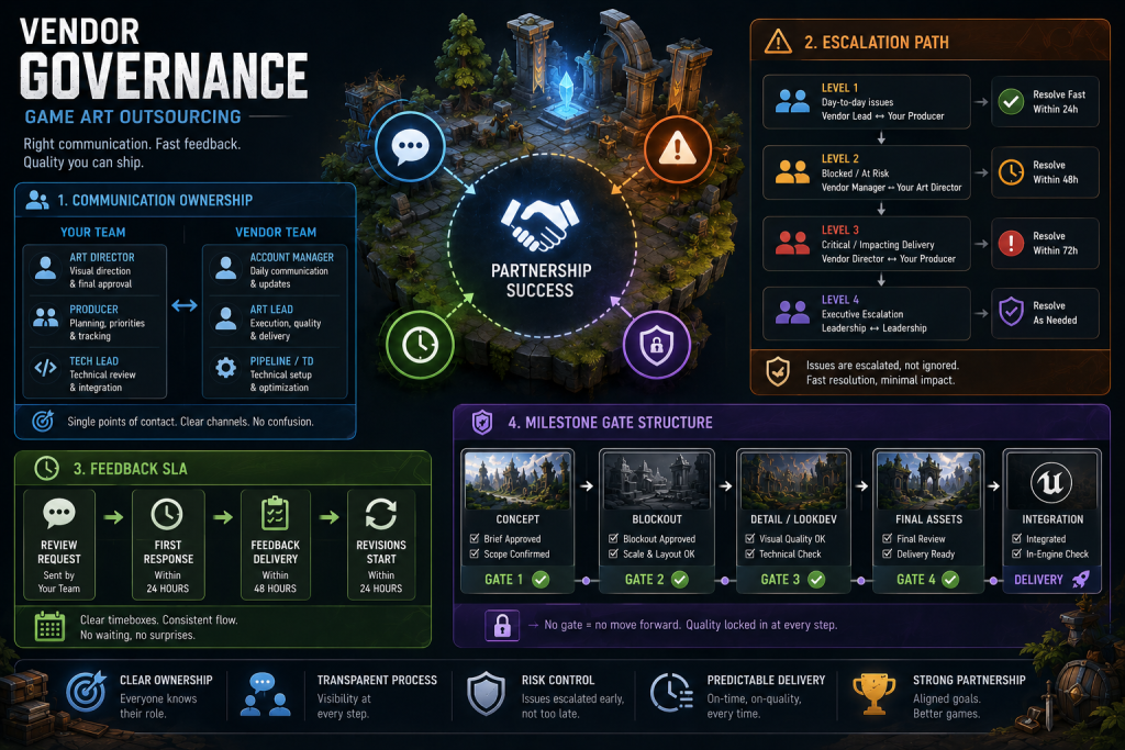Vendor governance diagram for game art outsourcing showing communication ownership, escalation path, feedback SLA, and milestone gate structure