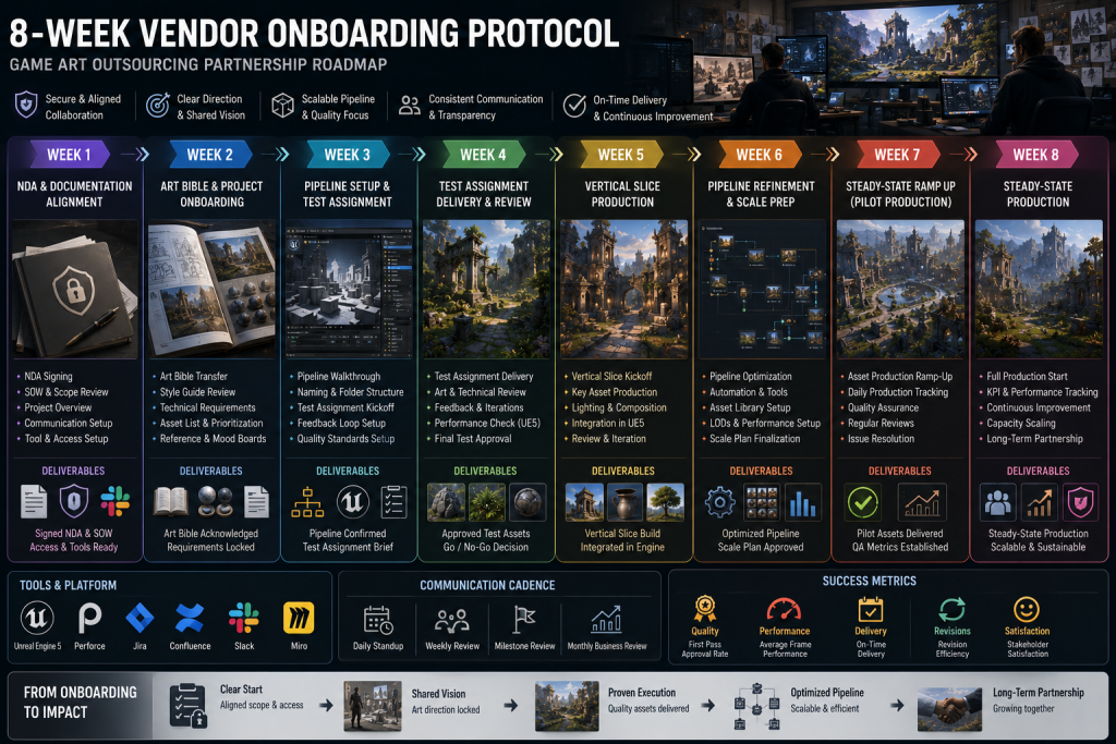 8-week vendor onboarding protocol timeline for game art outsourcing — phases from NDA and documentation to steady-state production