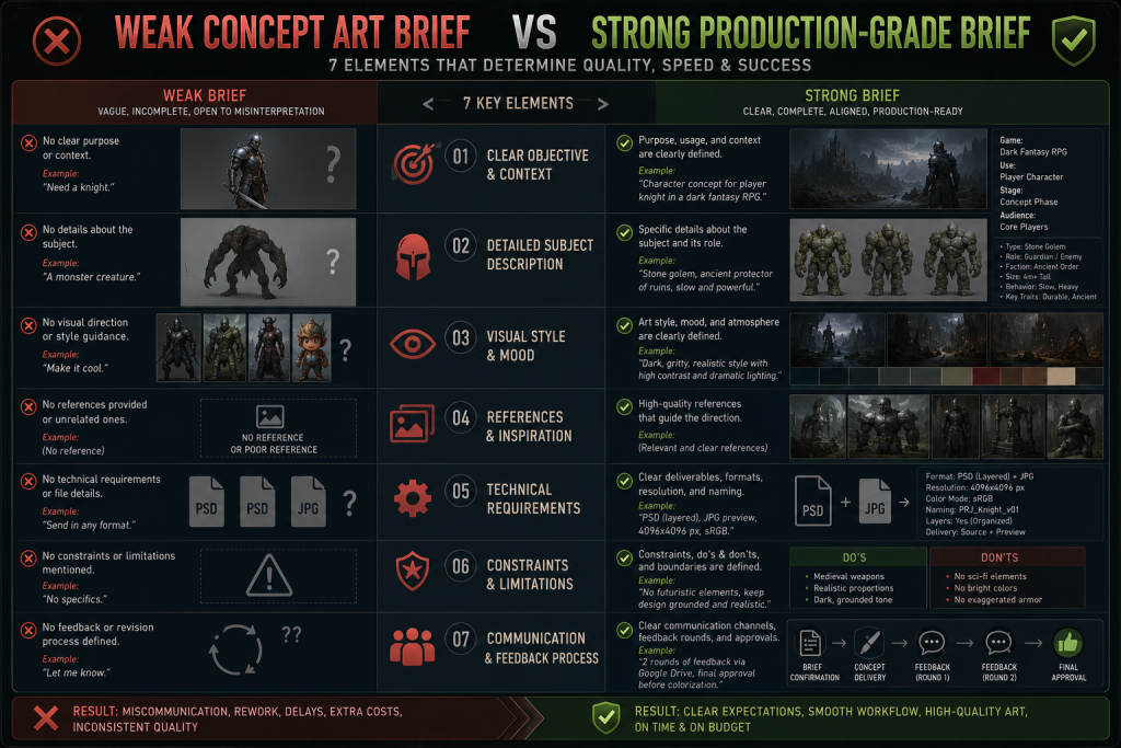 Comparison infographic: weak concept art brief vs strong production-grade brief — seven elements