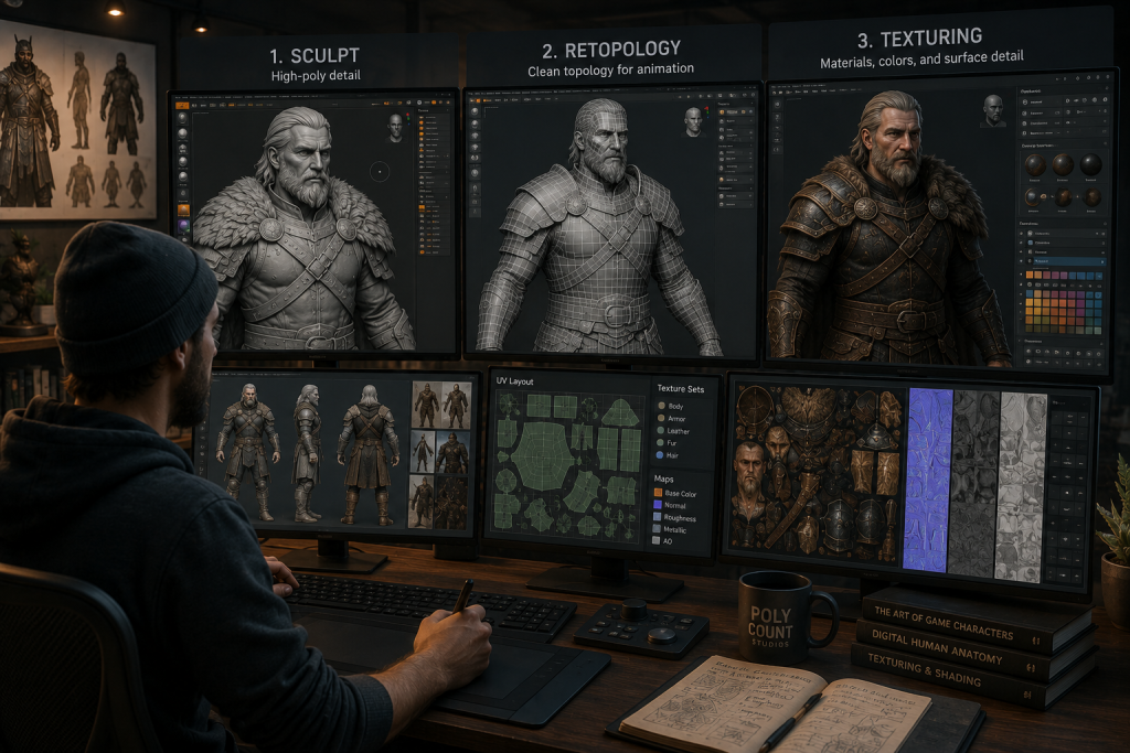 3D artist working on a game character model across sculpt, retopology, and texturing stages
