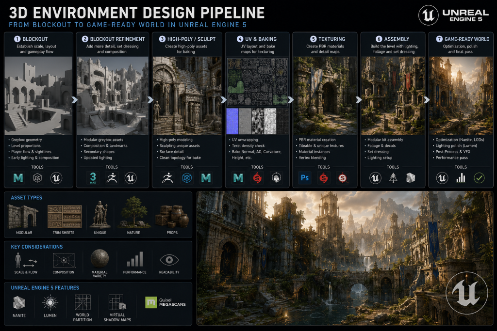 3D environment design pipeline overview — blockout to game-ready world in Unreal Engine 5
