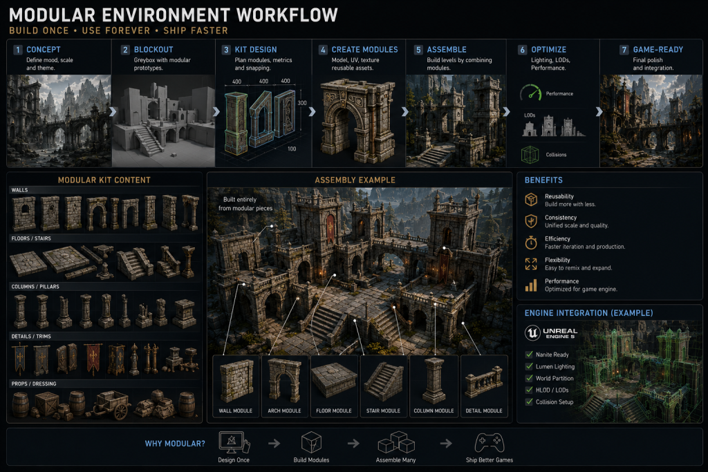 Modular environment kit assembled from reusable pieces — mid-core game production workflow