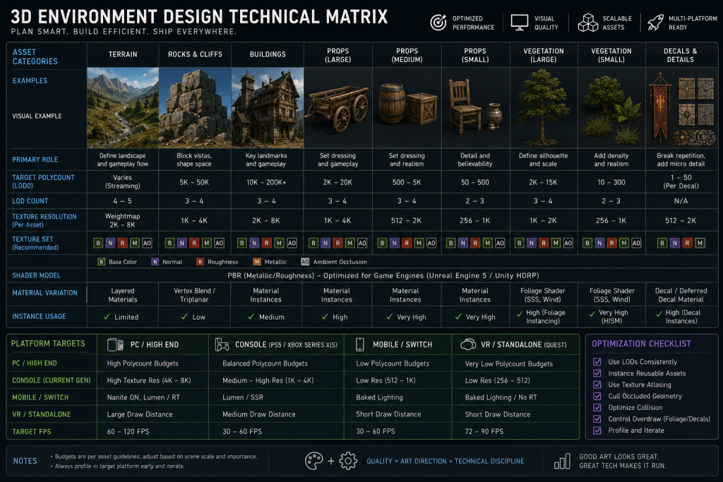 3D environment design technical matrix — asset types, polycount budget, texture resolution, platform targets