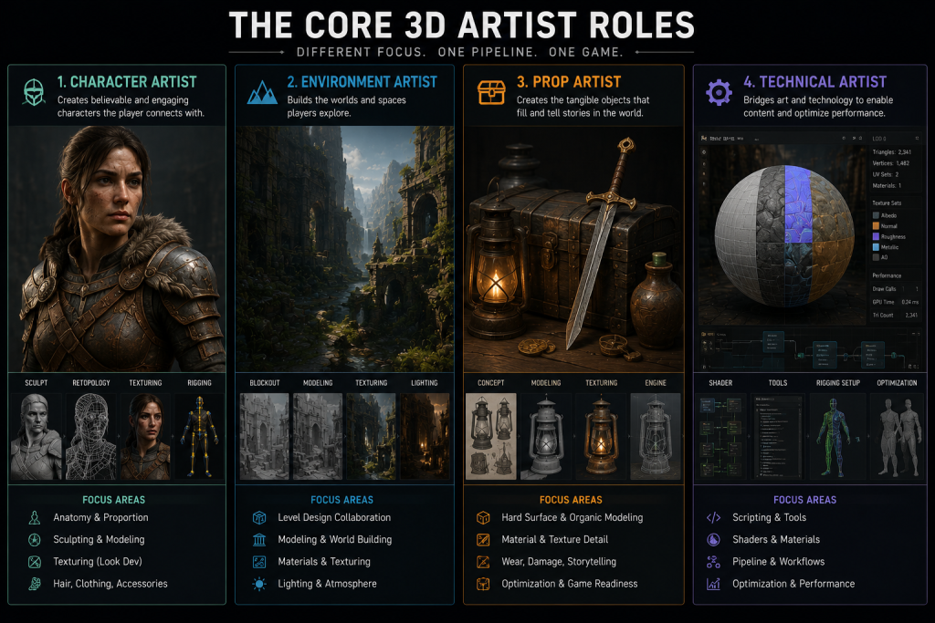 The core 3D artist roles — character, environment, prop, and technical artist — shown side by side