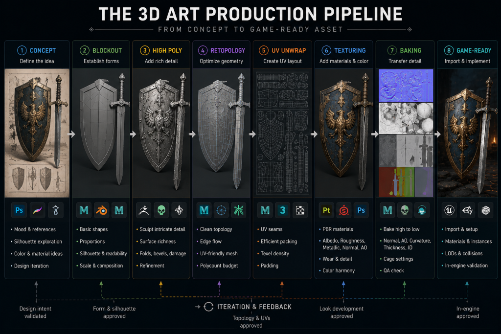 The 3D art production pipeline stages from concept to game-ready asset