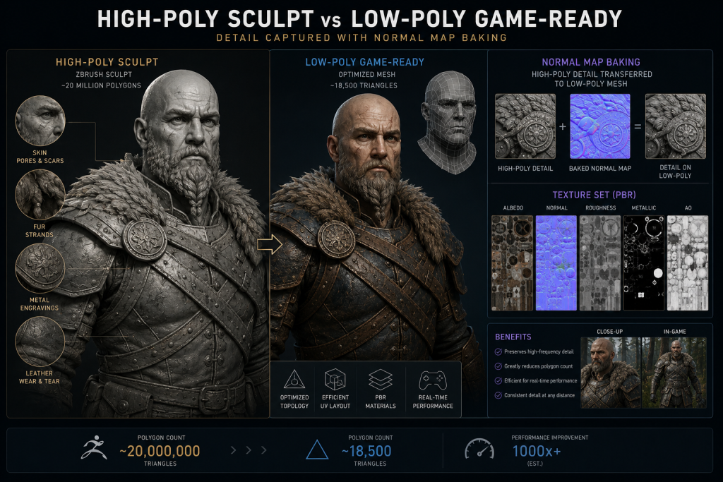 High-poly sculpt versus low-poly game-ready model showing baked normal map detail