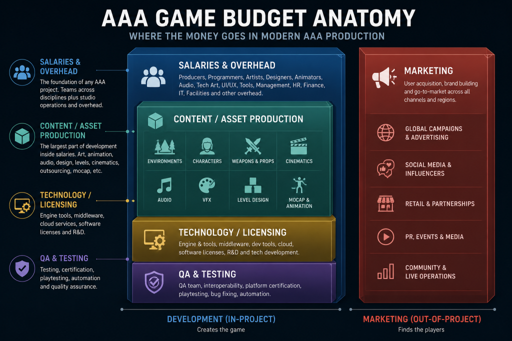 Diagram of AAA game development cost structure: salaries, content production, technology, and marketing