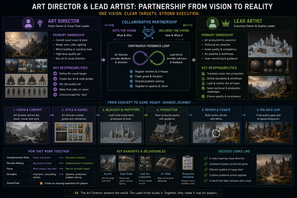 Art director and lead artist working relationship — visual target ownership and production execution