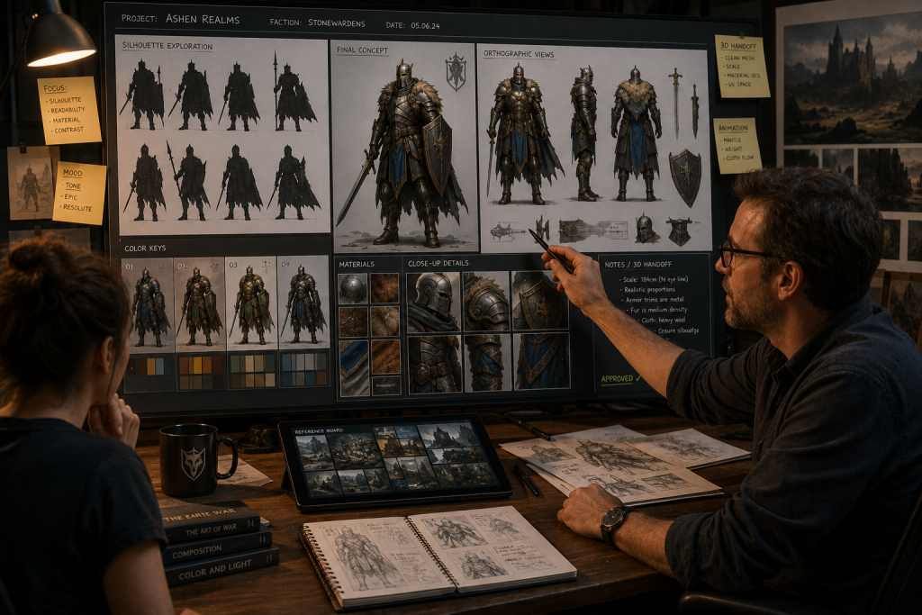 Art director reviewing production-ready concept art sheets with silhouette studies, color keys and orthographic views for 3D handoff