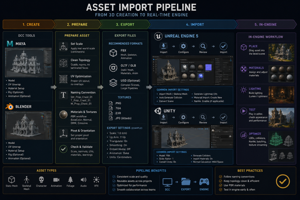 Asset import pipeline diagram — Maya and Blender to Unreal Engine 5 and Unity workflow overview