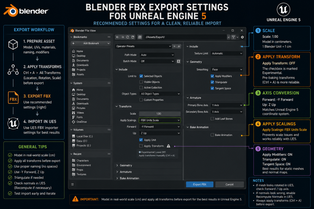 Blender FBX export settings for Unreal Engine 5 — scale factor, axis conversion, and apply transforms