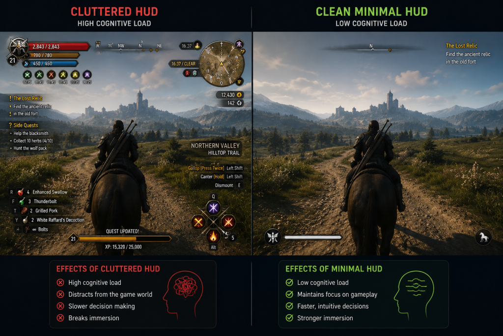 Side-by-side comparison of cluttered game interface versus clean minimal HUD demonstrating cognitive load reduction in game UX design 
