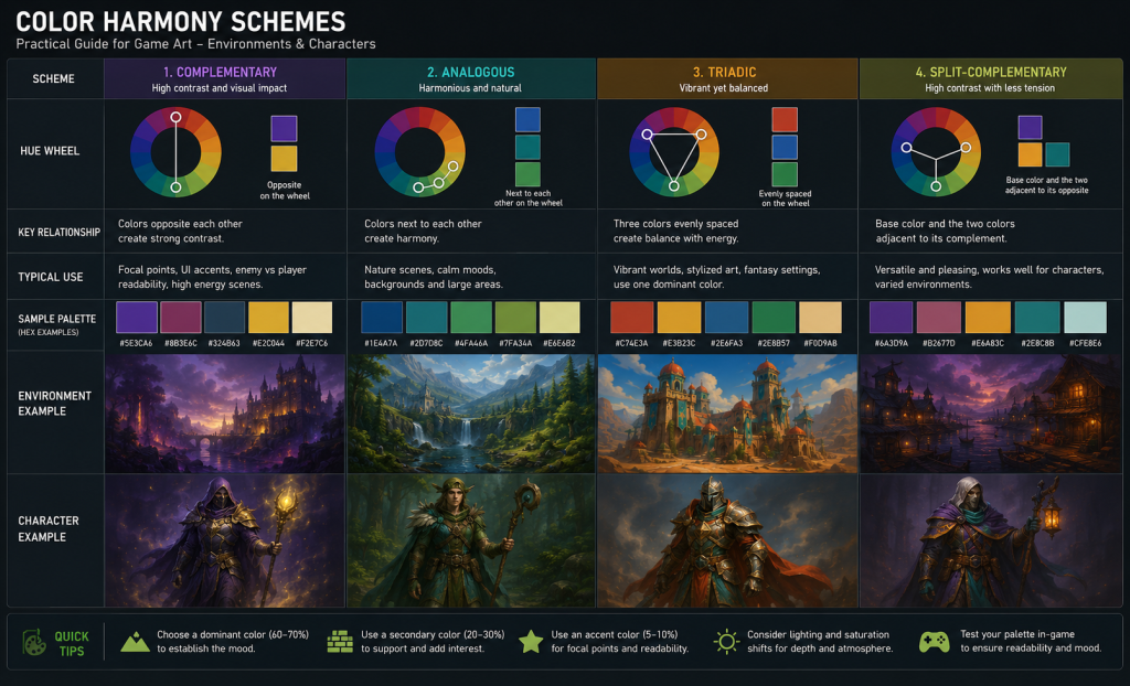Color Harmony Schemes Alt: Color harmony schemes comparison table for game art environment and character design