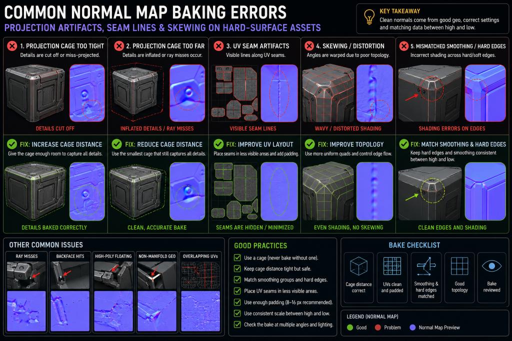 Common normal map baking errors — projection artifacts, seam lines, skewing on hard-surface assets