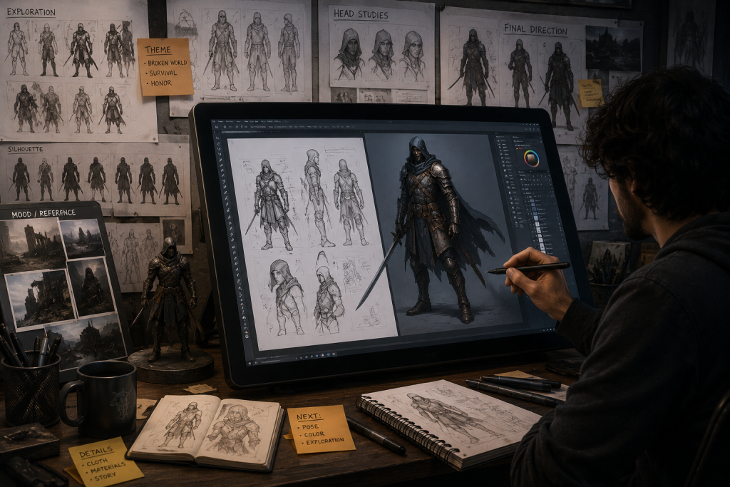 Concept artist working on game character designs showing the early sketching and digital painting phase of the concept art process