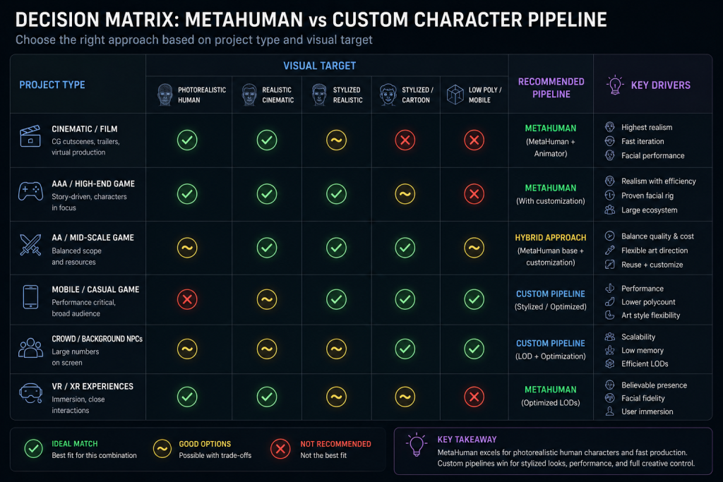 Decision Matrix Alt: Decision matrix for choosing between MetaHuman and custom character pipeline by project type and visual target