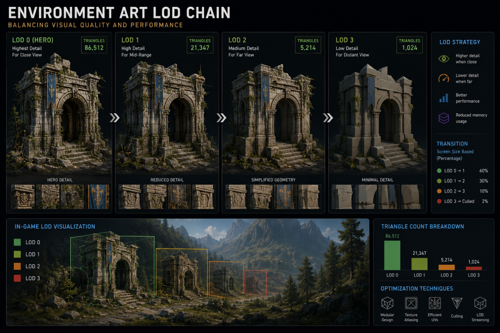 Environment art LOD chain comparison — LOD0 hero detail versus LOD3 distance simplification