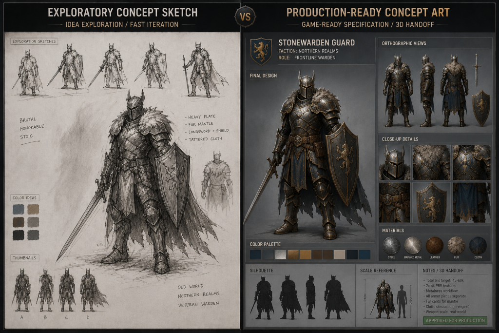 Side-by-side comparison of exploratory concept art sketch versus production-ready concept art sheet showing the difference in specification detail