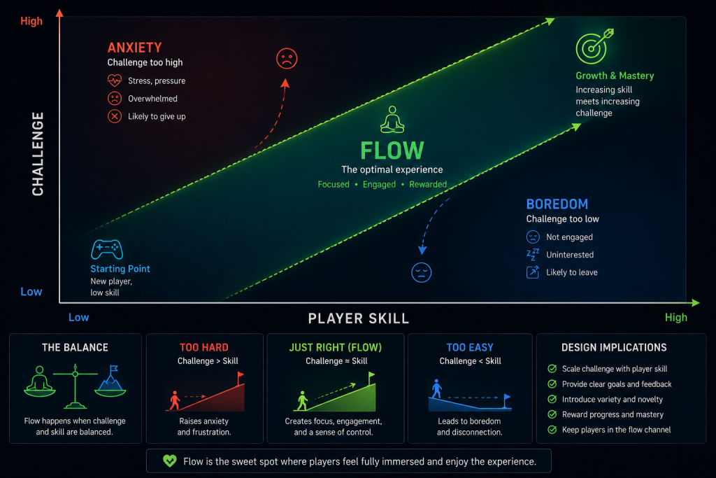 Flow channel diagram showing the balance between player skill and game challenge in UX design—the foundation of flow state theor
