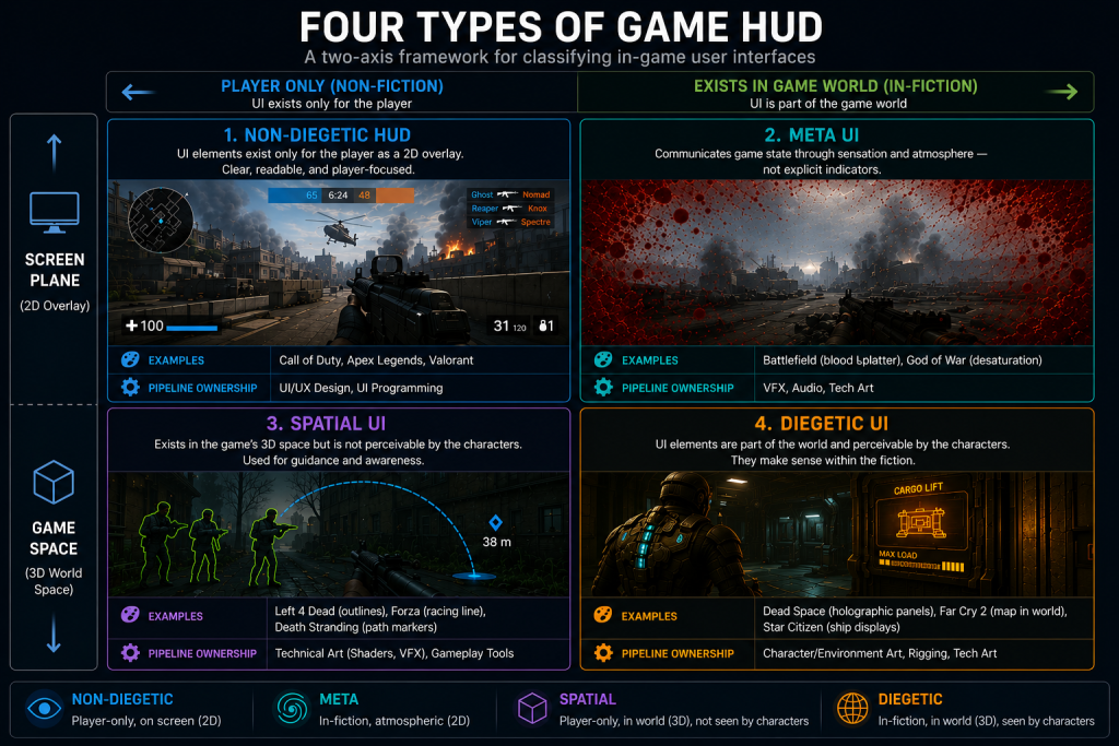 Four-Type Taxonomy Table Alt: Four types of game HUD comparison table with pipeline ownership and example games for each type