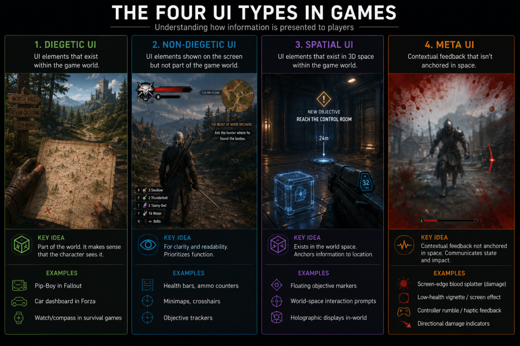 The four UI types in games — diegetic, non-diegetic, spatial, and meta — shown side by side