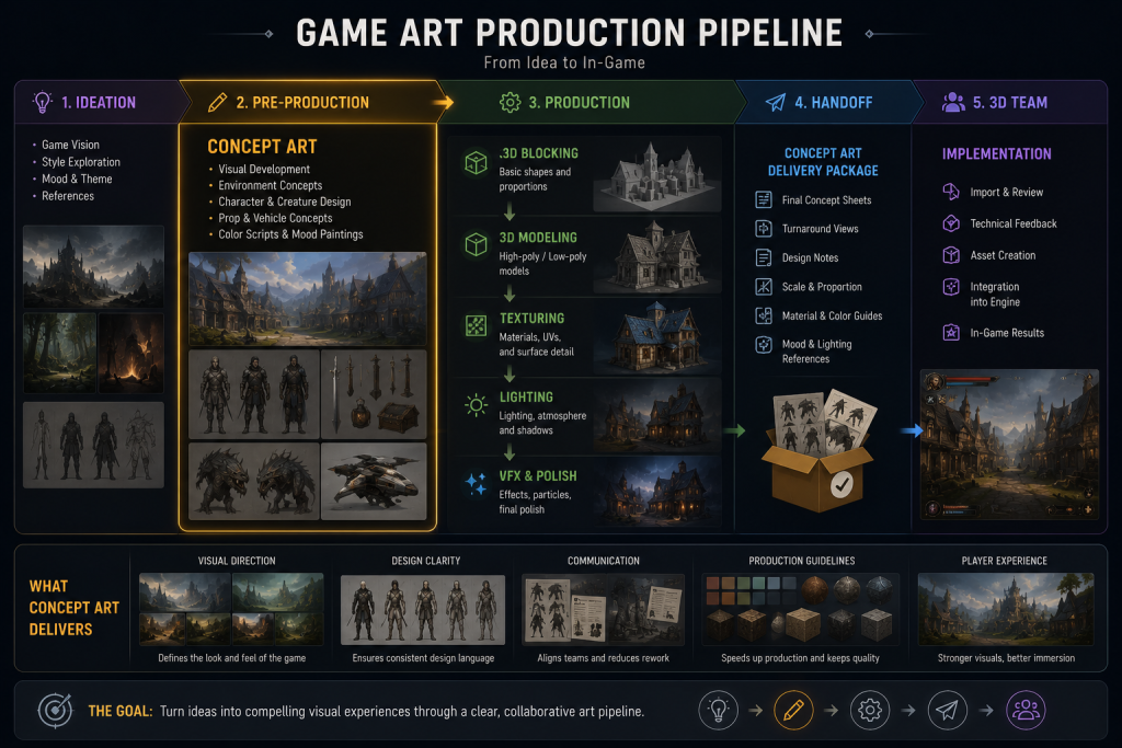 Game art production pipeline diagram showing concept art position from pre-production through production handoff to 3D modeling team