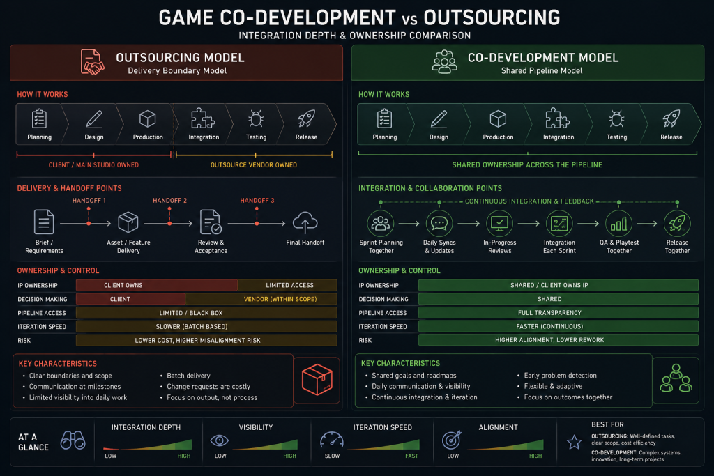 Model Comparison Overview Alt: Game co-development vs outsourcing comparison diagram showing integration depth and ownership levels