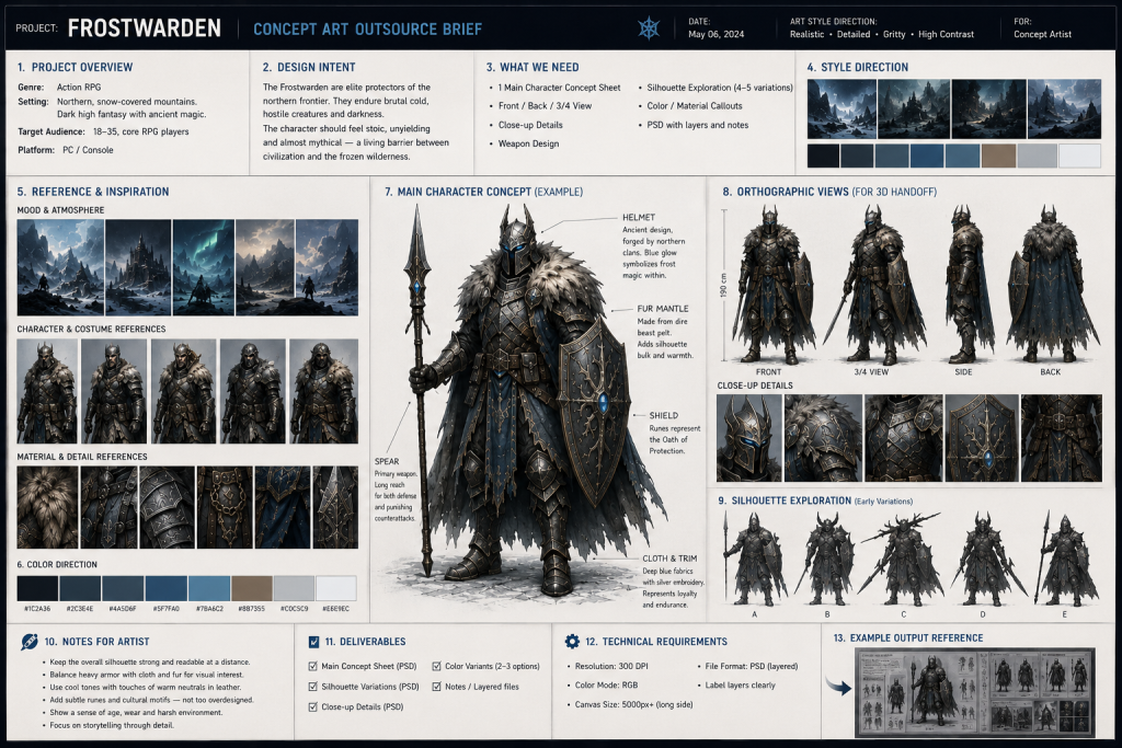 Game concept art outsource brief document showing reference images, style direction notes and design intent annotations for concept artist