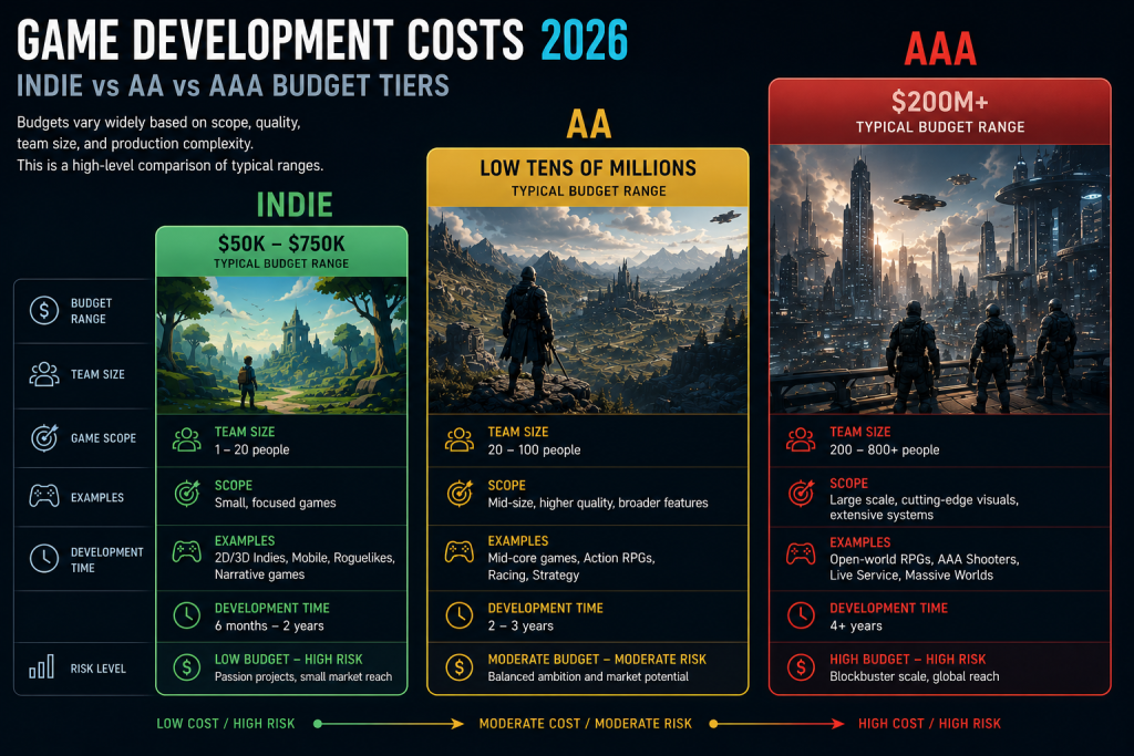 Game development cost comparison 2026: indie, AA, and AAA budget tiers visualized side by side