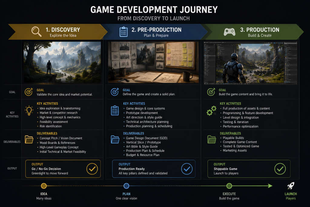 Diagram comparing the discovery phase in game development with the pre-production and full production stages
