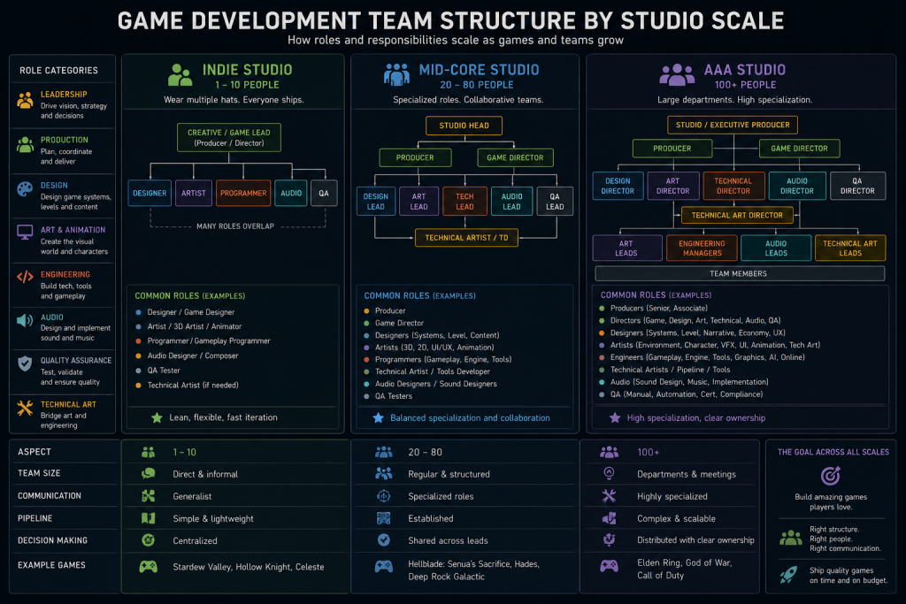 Game development team structure by studio scale — indie, mid-core, and AAA role breakdown