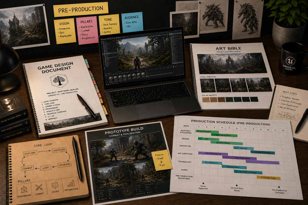 Game pre-production deliverables laid out: game design document, prototype build, art bible, and production schedule