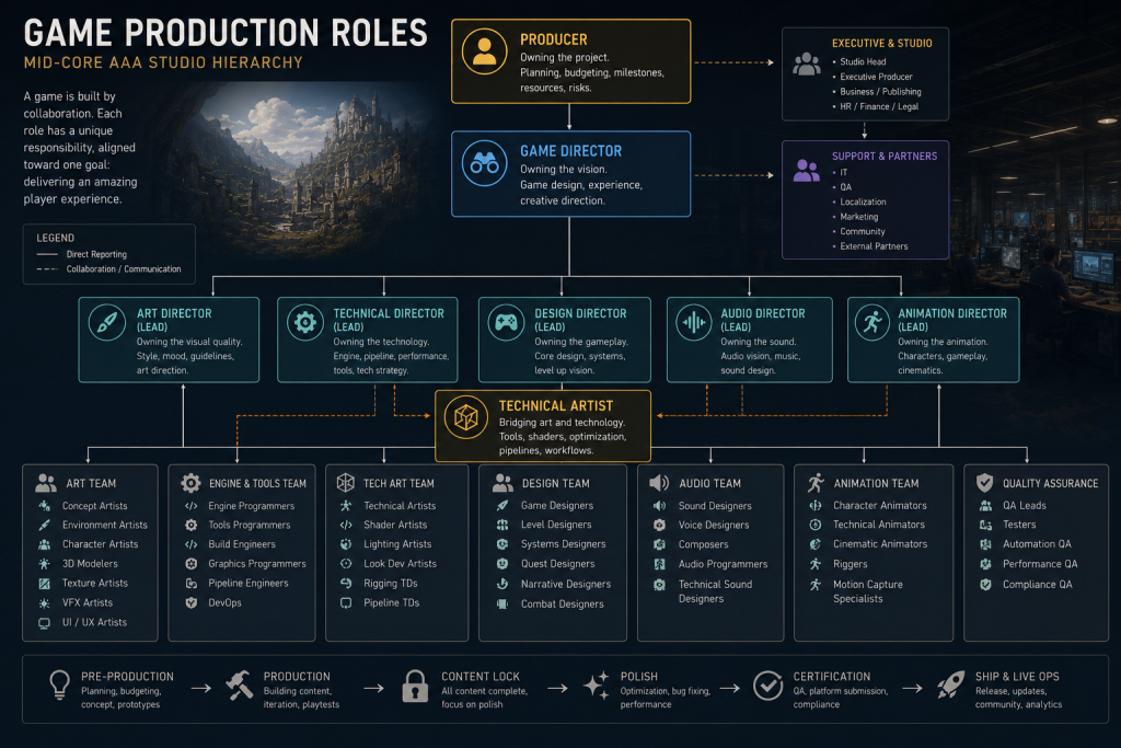 Game production roles diagram — producer, director, lead, and technical artist in a mid-core AAA studio hierarchy