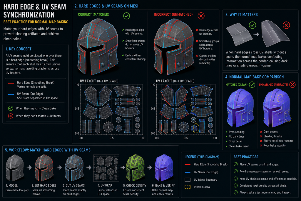 Diagram showing hard edge and UV seam synchronization on a low-poly game mesh demonstrating best practices for normal map baking