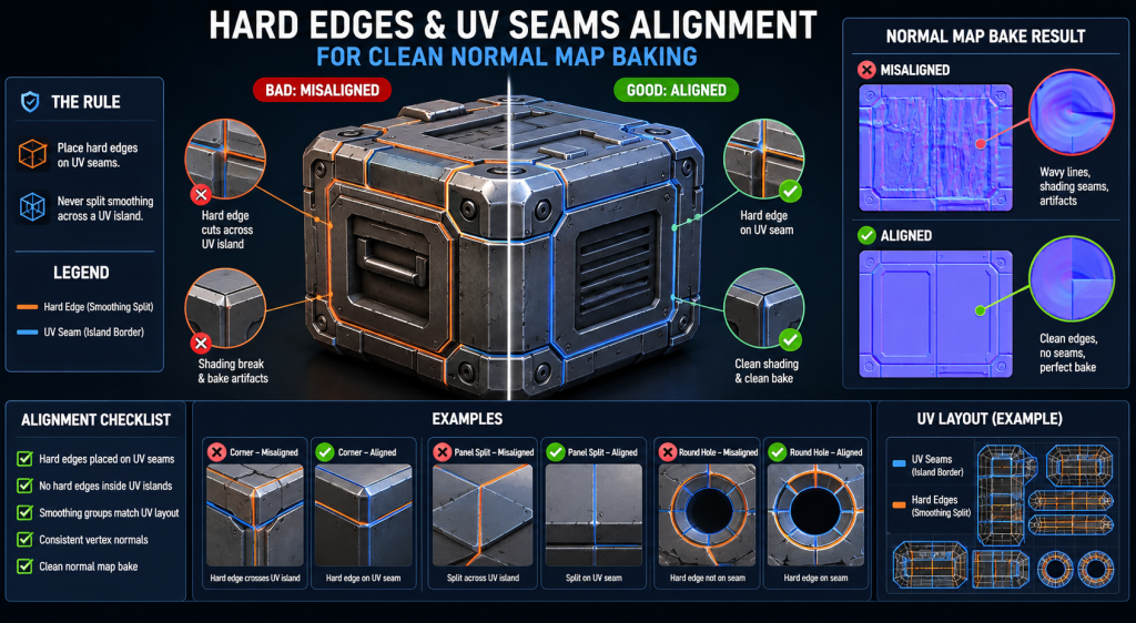 Hard edges and UV seams alignment for clean normal map baking in game assets