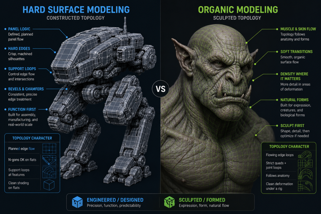 Hard surface vs organic modeling comparison: a mech wireframe next to a sculpted creature bust