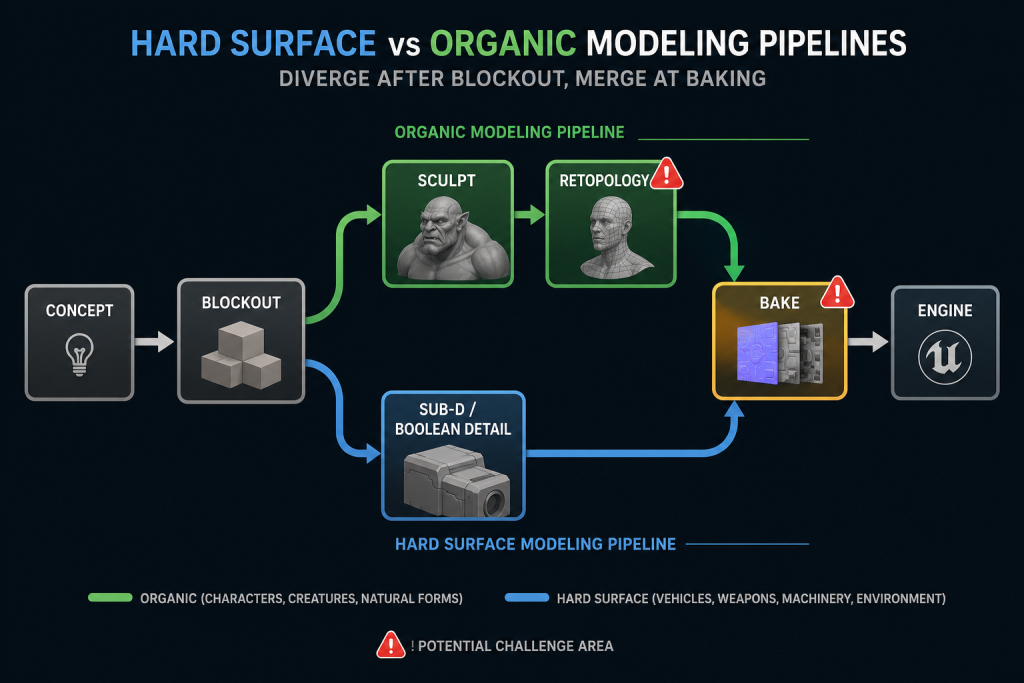 Diagram of hard surface vs organic modeling pipelines diverging after blockout and merging at baking