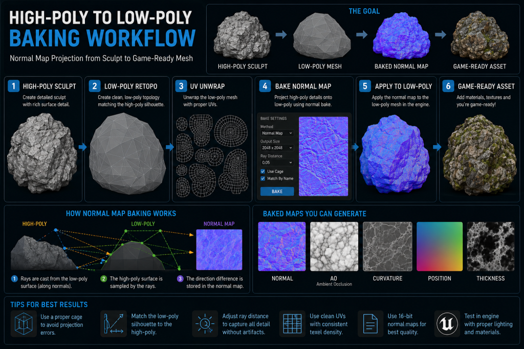 High-poly to low-poly baking workflow diagram — normal map projection from sculpt to game-ready mesh