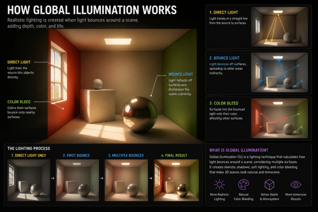 How global illumination works — direct light, bounce light, and color bleed in a 3D scene