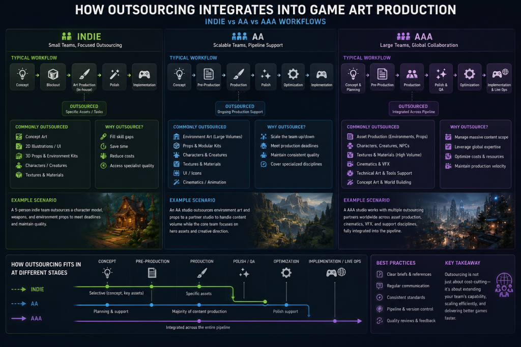 How outsourcing integrates into indie, AA, and AAA game art production workflows